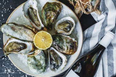 Limonlu bir plaka üzerinde açık ıslak istiridye