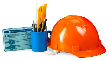 Planları ve beyaz arka plan üzerinde izole kask 