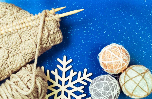 Christmas Background Knitting Blue Table — Stock Photo, Image