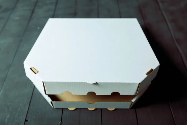 Caja Pizza Cartón Vacía Mesa Madera — Foto de Stock