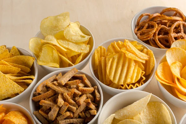 Pretzels Bowls Wooden Table — Stock Photo, Image