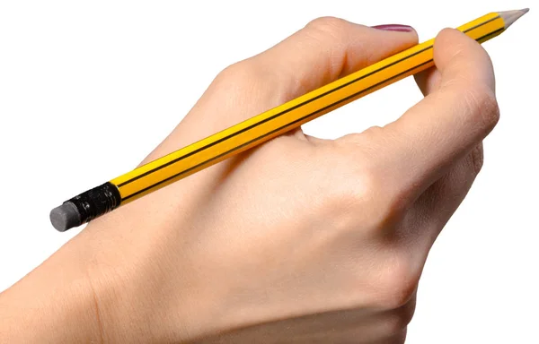 Frau Schreibt Mit Einem Stift Auf Weißem Hintergrund — Stockfoto