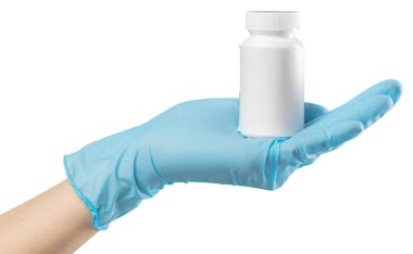 Arka plan üzerinde bir ilaç ile eldivenli elini