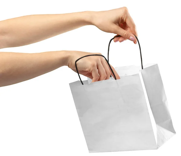 Torba Zakupy Kobiece Ręki Trzymającej Koszyk Białym — Zdjęcie stockowe