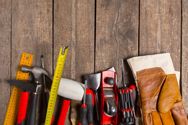 Assorted Work Tools Wood Background Close — Stock Photo, Image