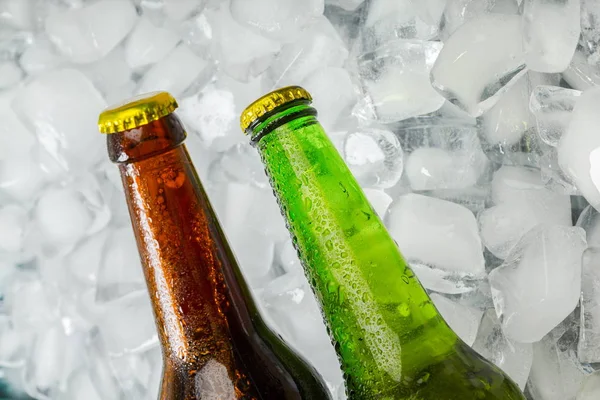 Botellas Cerveza Fría Fresca Con Cubitos Hielo — Foto de Stock