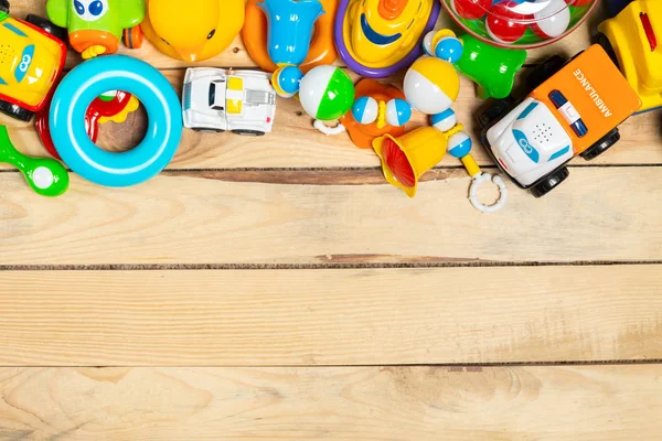 Conjunto Juguetes Para Niños Sobre Fondo Madera — Foto de Stock