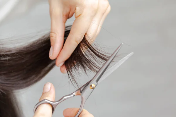 Mulher Faz Corte Cabelo Perto — Fotografia de Stock