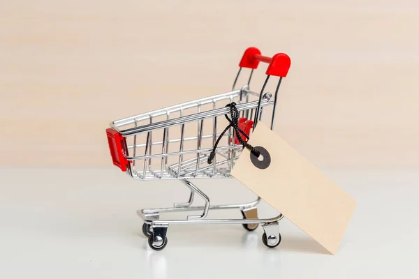 Carrito Compras Vacío Sobre Fondo Madera — Foto de Stock