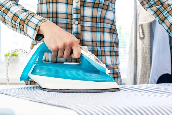 Close View Woman Ironing Clothes Ironing Board — Stock Photo, Image