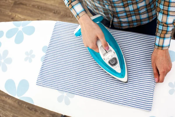 Close View Woman Ironing Clothes Ironing Board — Stock Photo, Image