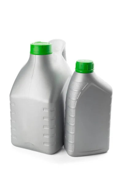Plastflaskor Från Bil Oljor Isolerad Vit Bakgrund Närbild — Stockfoto