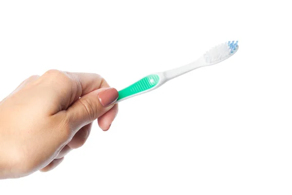 Mulher Mão Segurando Escova Dentes Isolada Fundo Branco Close — Fotografia de Stock