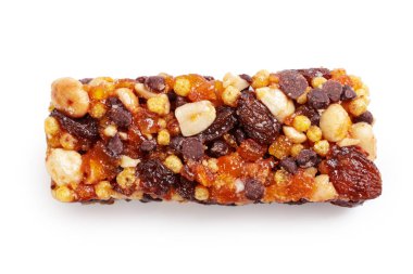 Beyaz arka plan üzerinde izole sağlıklı granola abur cubur yakın çekim 