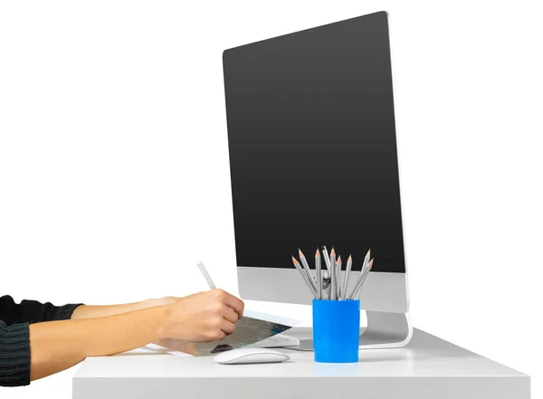 Mãos Mulher Trabalhando Com Teclado Computador Isolado Fundo Branco — Fotografia de Stock