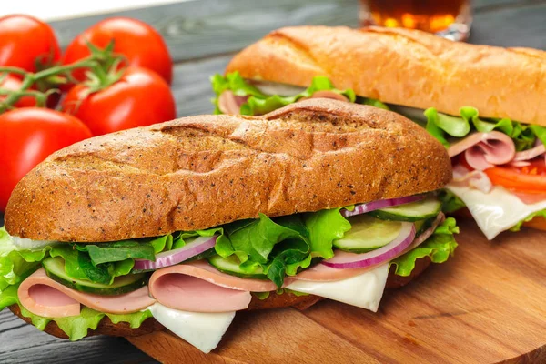 Delicious Sandwiches Wooden Table Fast Food — Stock Photo, Image