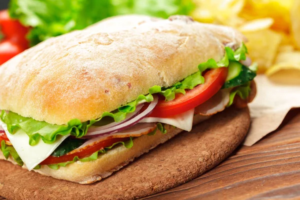 Delicious Sandwich Wooden Table Fast Food — Stock Photo, Image