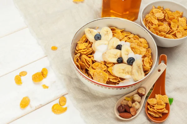 Desayuno Saludable Con Copos Mesa Madera — Foto de Stock