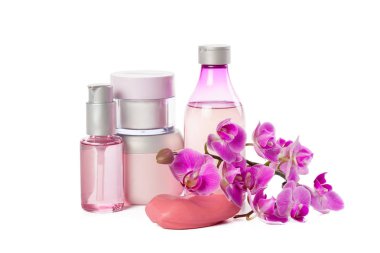 Spa kavramı, aromaterapi aksesuarları pembe çiçekli 