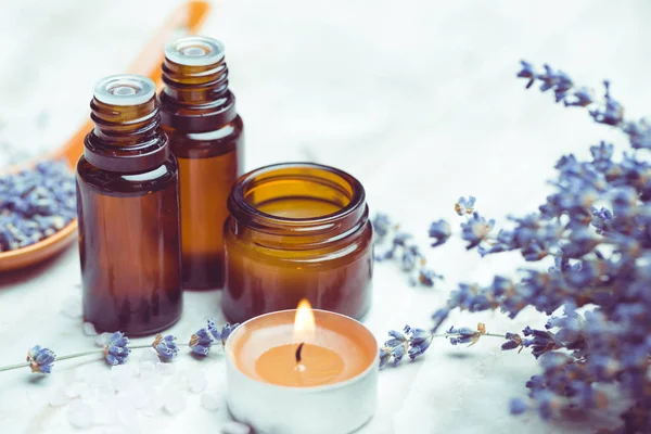 Vista Cerca Los Productos Para Cuidado Del Cuerpo Lavanda Aromaterapia — Foto de Stock