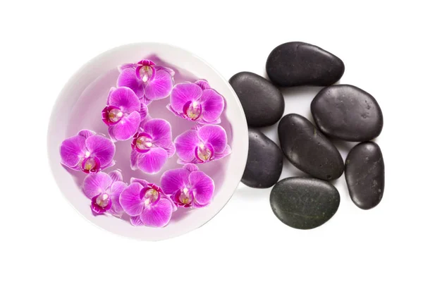 Pedra Zen Flores Orquídeas Isoladas Branco Conceito Spa — Fotografia de Stock