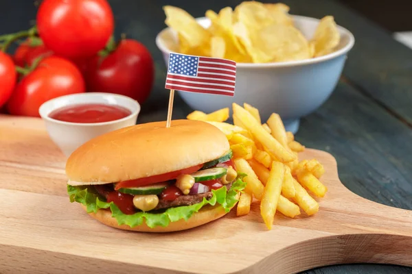 Fast Food Homemade Burger Wooden Background — Stock Photo, Image