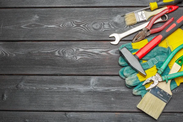 Assorted Work Tools Wooden Table — Stock Photo, Image