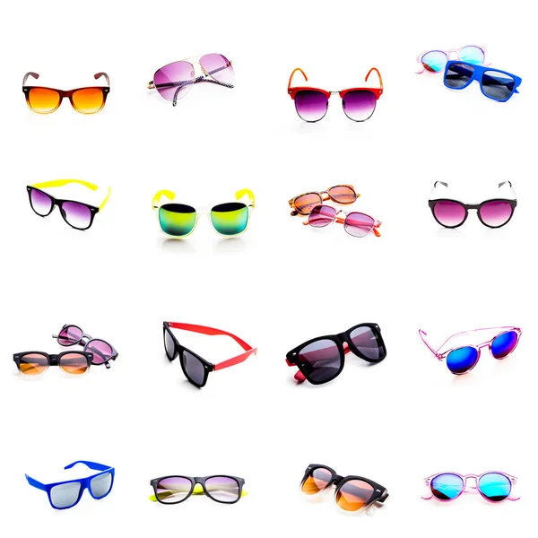 Collage Kvinnliga Solglasögon Isolerad Vit Bakgrund — Stockfoto