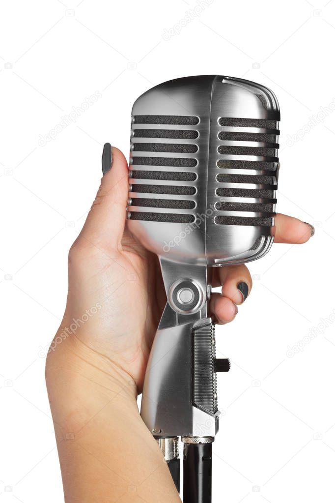 woman with audio microphone retro style