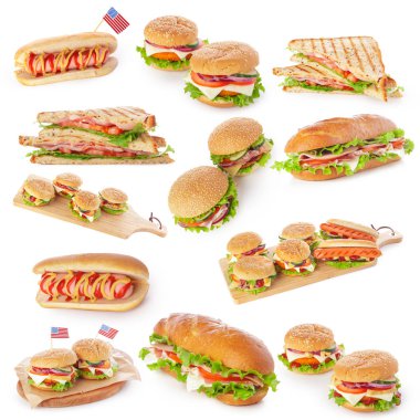 Önemsiz lokanta kolaj hamburger, sandviç ve izole üzerinde beyaz arka plan hot-dogs