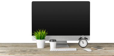 Beyaz masa üstünde klavye ile bilgisayar monitör siyah ekran. Eğitim ya da iş kavramı