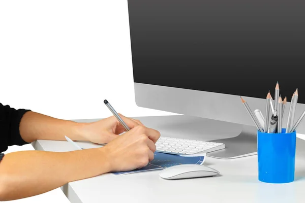 Mãos Mulher Trabalhando Com Teclado Computador Isolado Fundo Branco — Fotografia de Stock