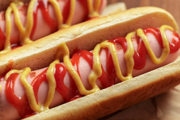 Hot Dogs Wooden Background — Stock Photo, Image