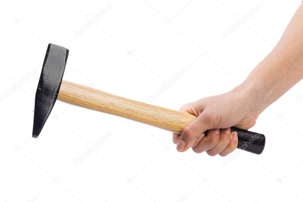 hand with hammer isolated on white background
