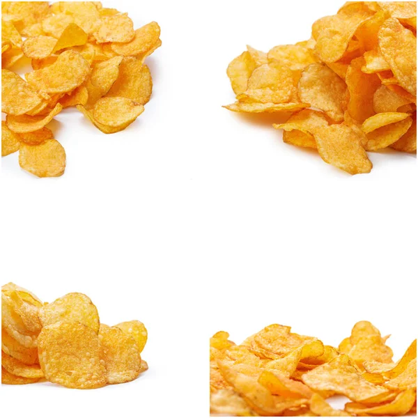 Haufen Gelber Knuspriger Kartoffelchips Isoliert Auf Weißem Hintergrund — Stockfoto
