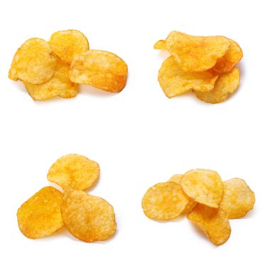 Pile of yellow crispy potato chips isolated on white background  clipart