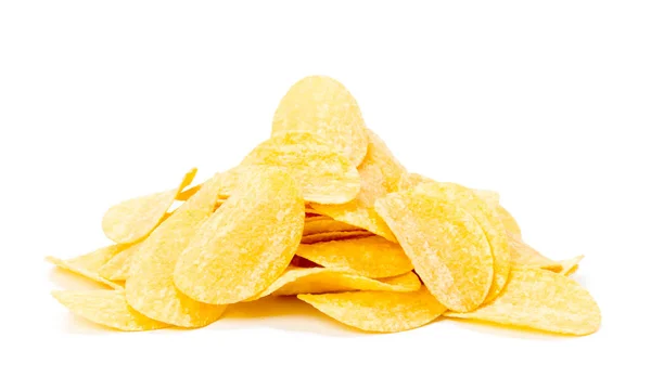 Högen Med Gula Krispiga Chips Isolerad Vit Bakgrund — Stockfoto