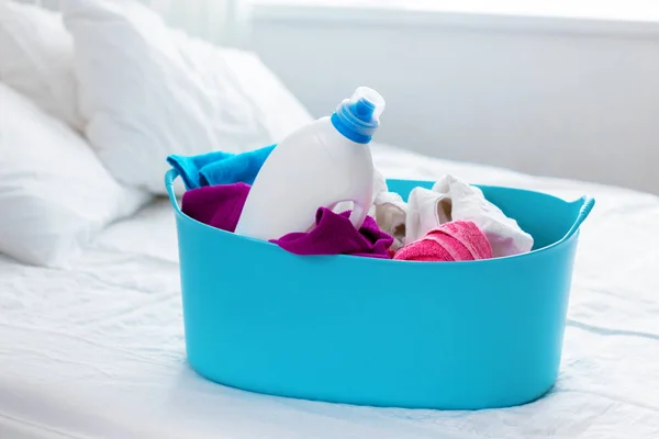 Pile Colorful Clothes Basket Bottle Cleanser — Stock Photo, Image