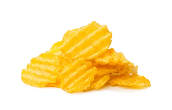 Pile Yellow Crispy Potato Chips Isolated White Background — Stock Photo, Image