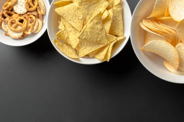 Snacks Salados Pretzels Papas Fritas Galletas Saladas — Foto de Stock