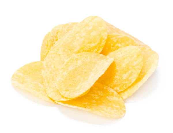 Pile Yellow Crispy Potato Chips Isolated White Background — Stock Photo, Image