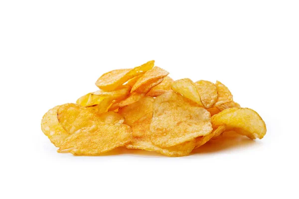 Pile Yellow Crispy Potato Chips Isolated White Background — Stock Photo, Image