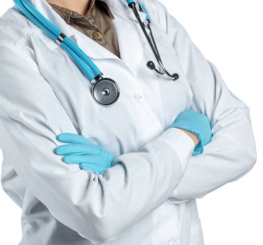 kadın doktor beyaz zemin üzerine izole stetoskop ile