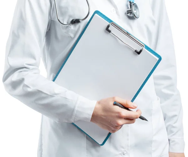 Female Doctor Uniform Holding Clipboard White Background — Stock Photo, Image