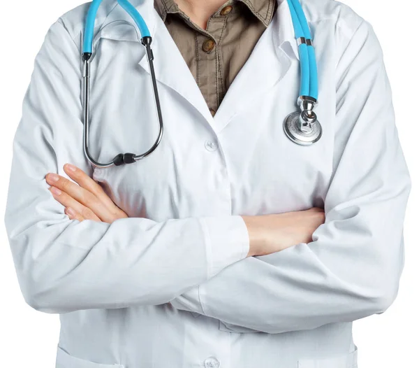 Kadın Doktor Beyaz Zemin Üzerine Izole Stetoskop Ile — Stok fotoğraf
