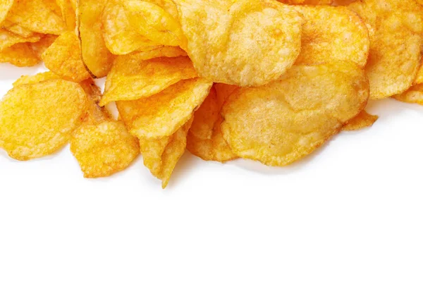 Pile Yellow Crispy Potato Chips Isolated White Background — Stock Photo, Image