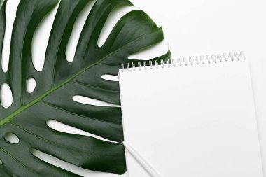 Palmiye yaprakları ve bir kağıt defter metin için boş alan ile.