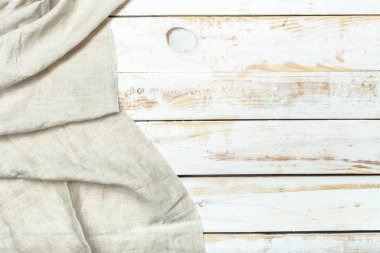 ahşap arka plan üzerinde masa örtüsü Tekstil üstten görünüm