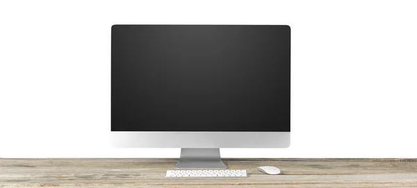 Computermonitor Schwarzer Bildschirm Mit Tastatur Auf Weißem Tisch Ausbildung Oder — Stockfoto