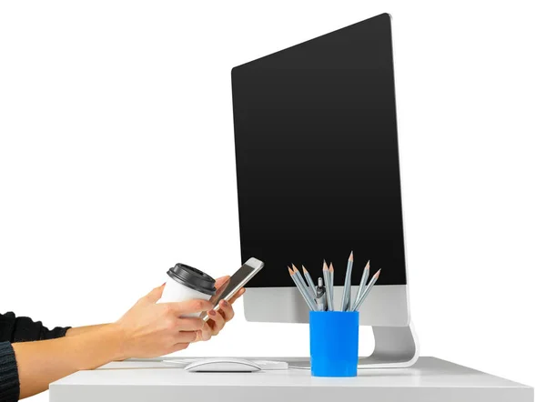 Mãos Mulher Trabalhando Com Teclado Computador Isolado Fundo Branco — Fotografia de Stock